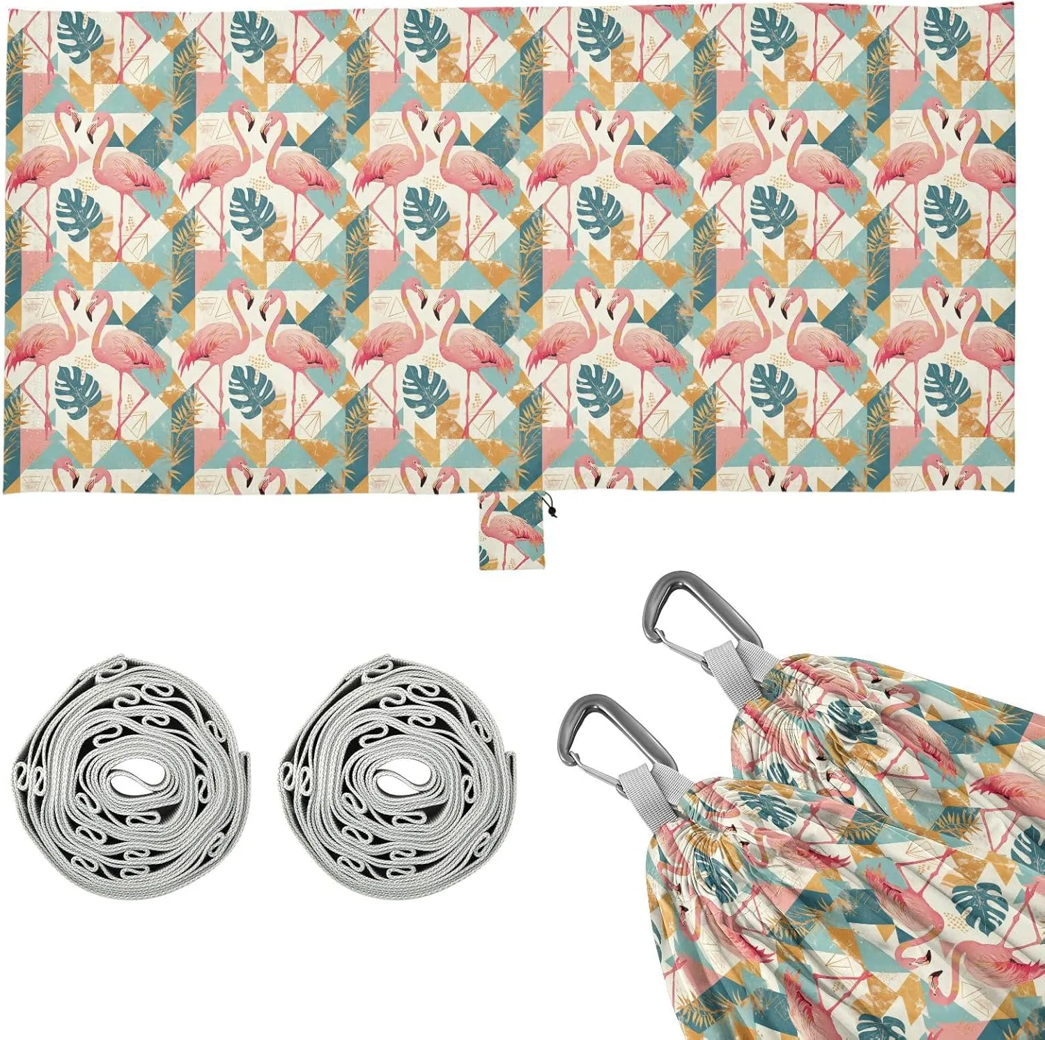 Geometric Flamingos Hammocks with Hanging Rope Indoor Hammock for Outside Patio Backyard Poolside