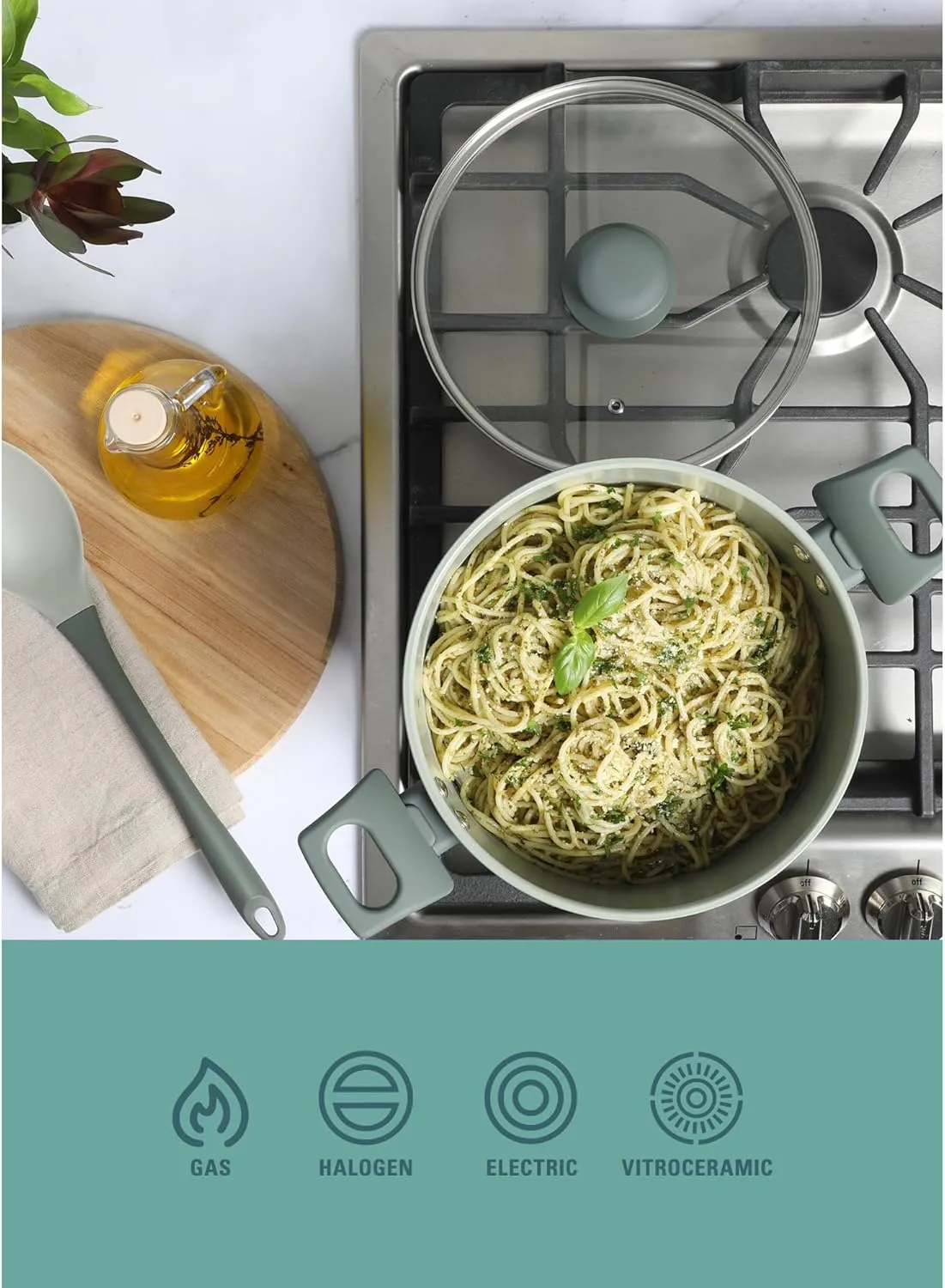 Gibson Home Barnsdall 10 Piece Premium PFA Free Ceramic Nonstick Pots and Pans Aluminum Induction Cookware Set W/Kitchen Tools - Sage Green/Grey Non Stick