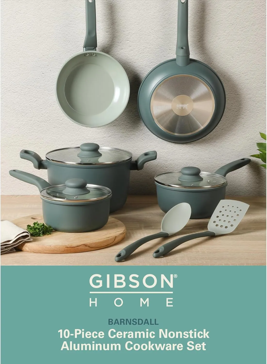Gibson Home Barnsdall 10 Piece Premium PFA Free Ceramic Nonstick Pots and Pans Aluminum Induction Cookware Set W/Kitchen Tools - Sage Green/Grey Non Stick