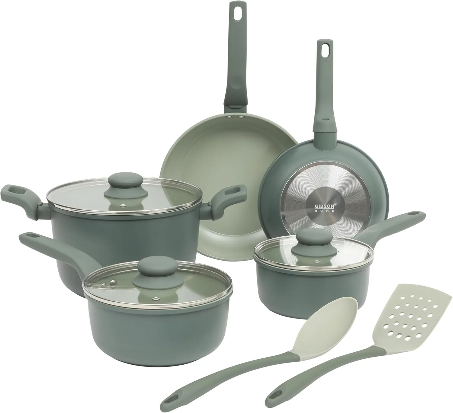 Gibson Home Barnsdall 10 Piece Premium PFA Free Ceramic Nonstick Pots and Pans Aluminum Induction Cookware Set W/Kitchen Tools - Sage Green/Grey Non Stick