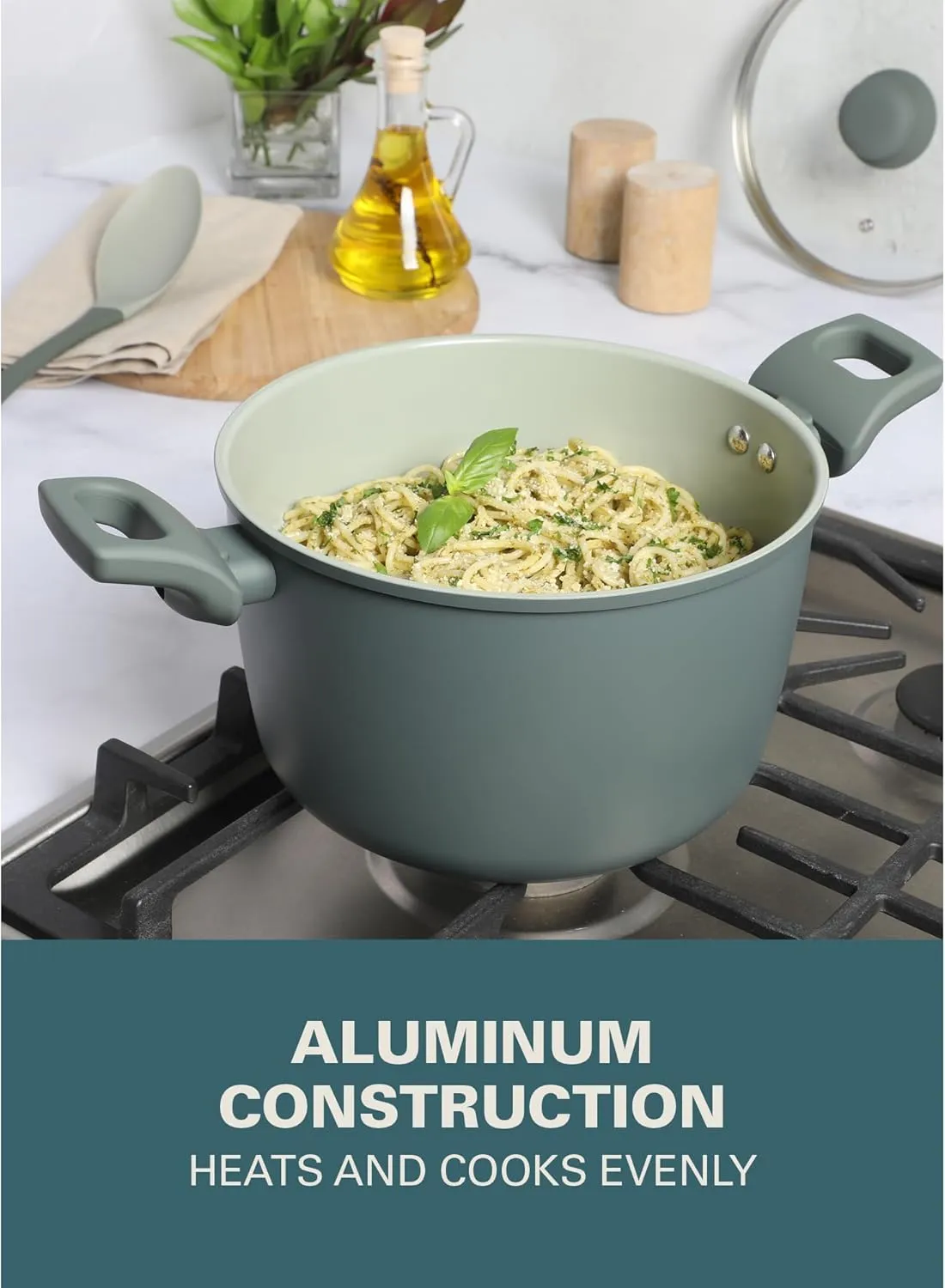 Gibson Home Barnsdall 10 Piece Premium PFA Free Ceramic Nonstick Pots and Pans Aluminum Induction Cookware Set W/Kitchen Tools - Sage Green/Grey Non Stick
