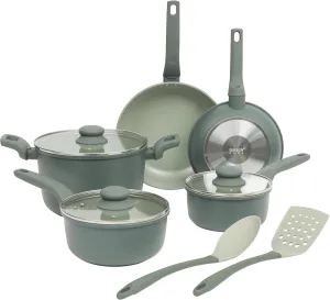 Gibson Home Barnsdall 10 Piece Premium PFA Free Ceramic Nonstick Pots and Pans Aluminum Induction Cookware Set W/Kitchen Tools - Sage Green/Grey Non Stick