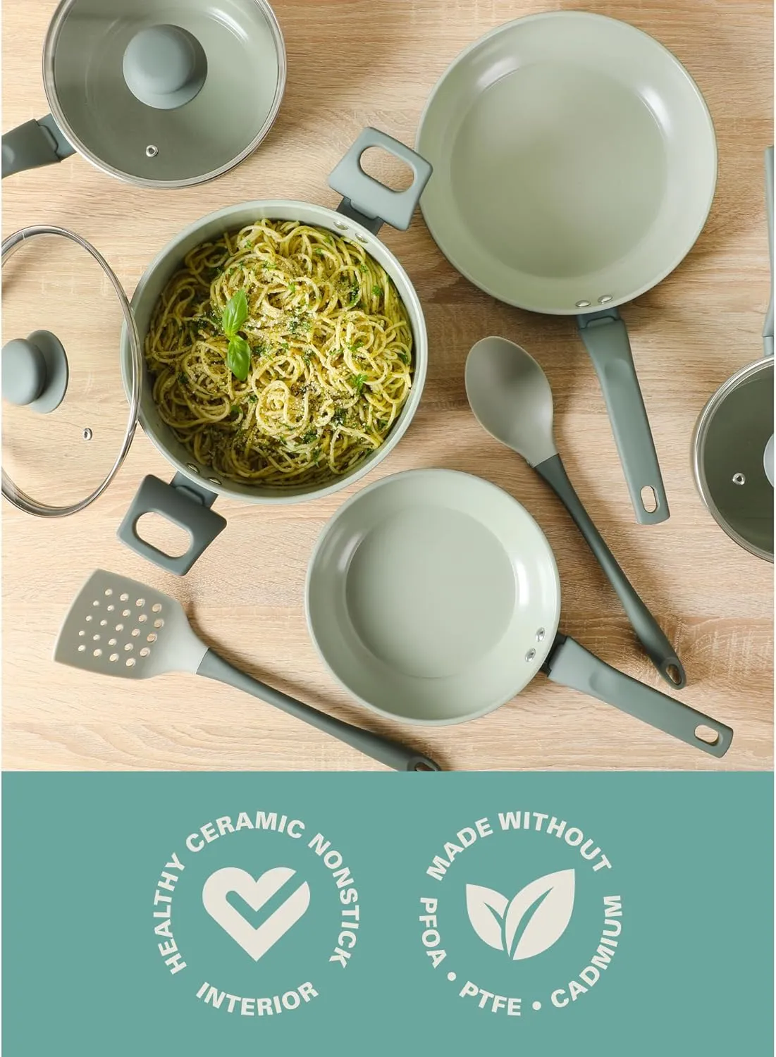 Gibson Home Barnsdall 10 Piece Premium PFA Free Ceramic Nonstick Pots and Pans Aluminum Induction Cookware Set W/Kitchen Tools - Sage Green/Grey Non Stick