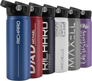 GIFTBYGIFTY Personalized Water Bottle w Straw Lid & Handle | 18 oz - Blue, 12 Design Option | Custom Engraved Insulated Sports Water Bottle w Name, Text | BPA Free | Personalized Gifts