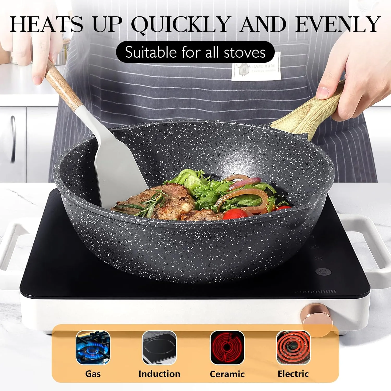 GiPP Nonstick Deep Frying Pan - 11 Inch Saute Pan with Lid Granite Induction Cookware, 4.5Qt Non Stick Woking Pan Skillet, PFOA PFOS APEO Free, Grey