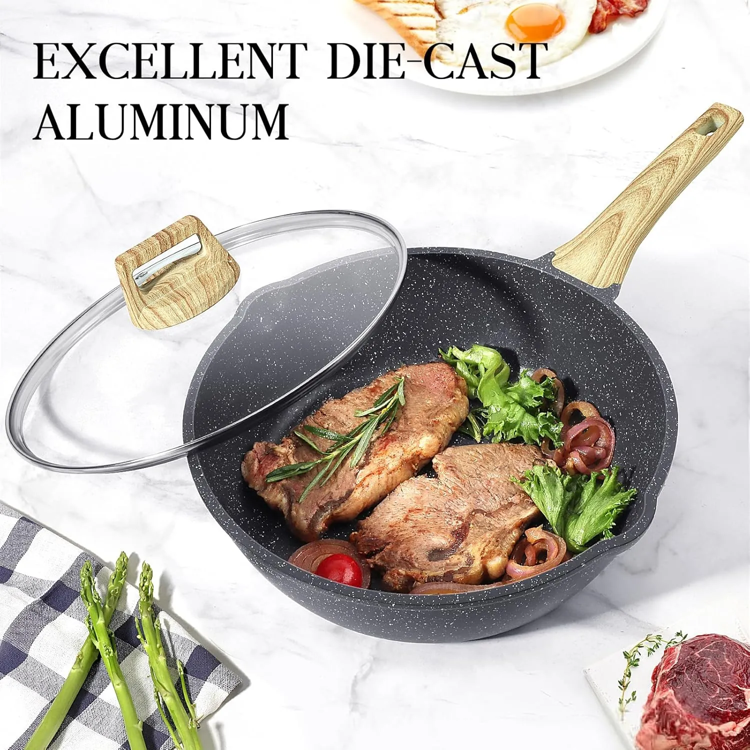 GiPP Nonstick Deep Frying Pan - 11 Inch Saute Pan with Lid Granite Induction Cookware, 4.5Qt Non Stick Woking Pan Skillet, PFOA PFOS APEO Free, Grey