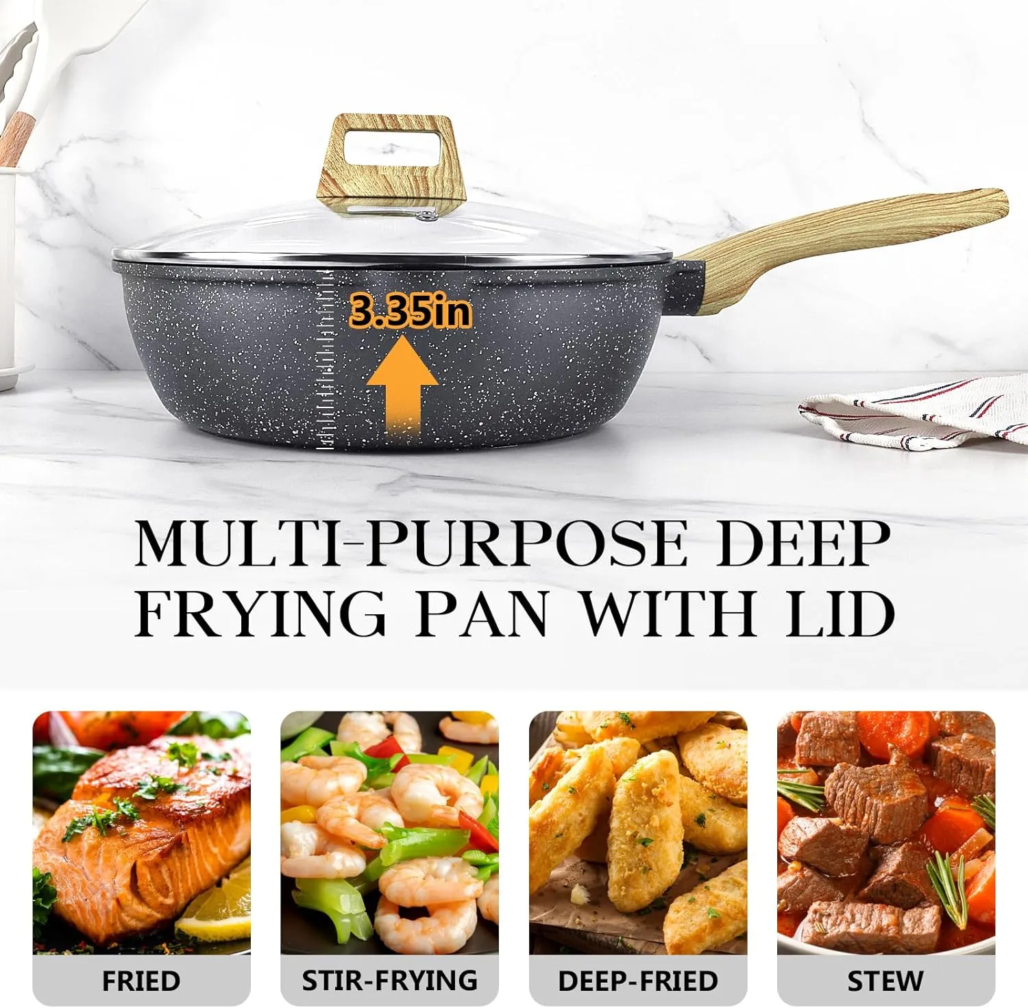GiPP Nonstick Deep Frying Pan - 11 Inch Saute Pan with Lid Granite Induction Cookware, 4.5Qt Non Stick Woking Pan Skillet, PFOA PFOS APEO Free, Grey