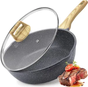 GiPP Nonstick Deep Frying Pan - 11 Inch Saute Pan with Lid Granite Induction Cookware, 4.5Qt Non Stick Woking Pan Skillet, PFOA PFOS APEO Free, Grey