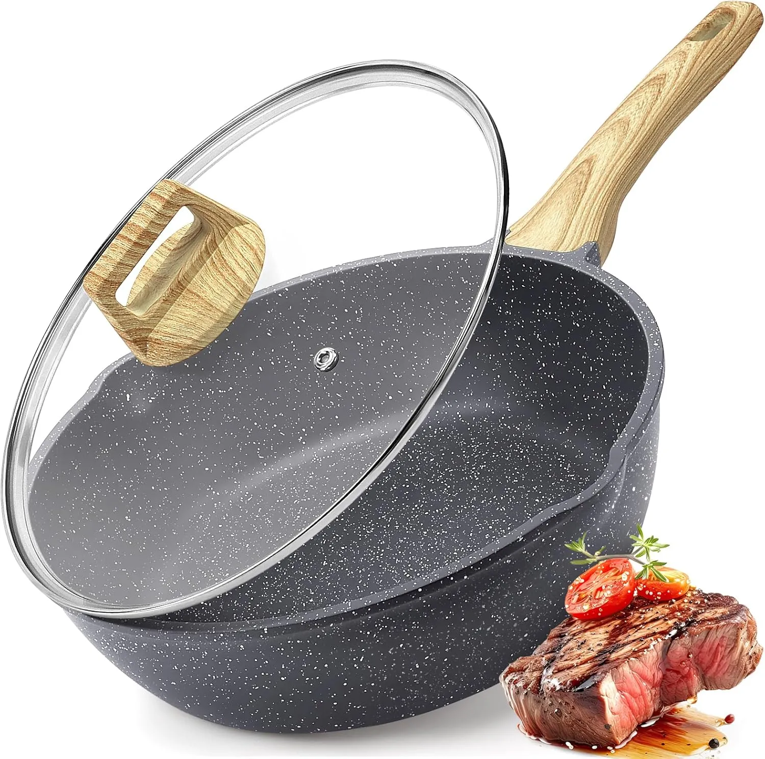 GiPP Nonstick Deep Frying Pan - 11 Inch Saute Pan with Lid Granite Induction Cookware, 4.5Qt Non Stick Woking Pan Skillet, PFOA PFOS APEO Free, Grey