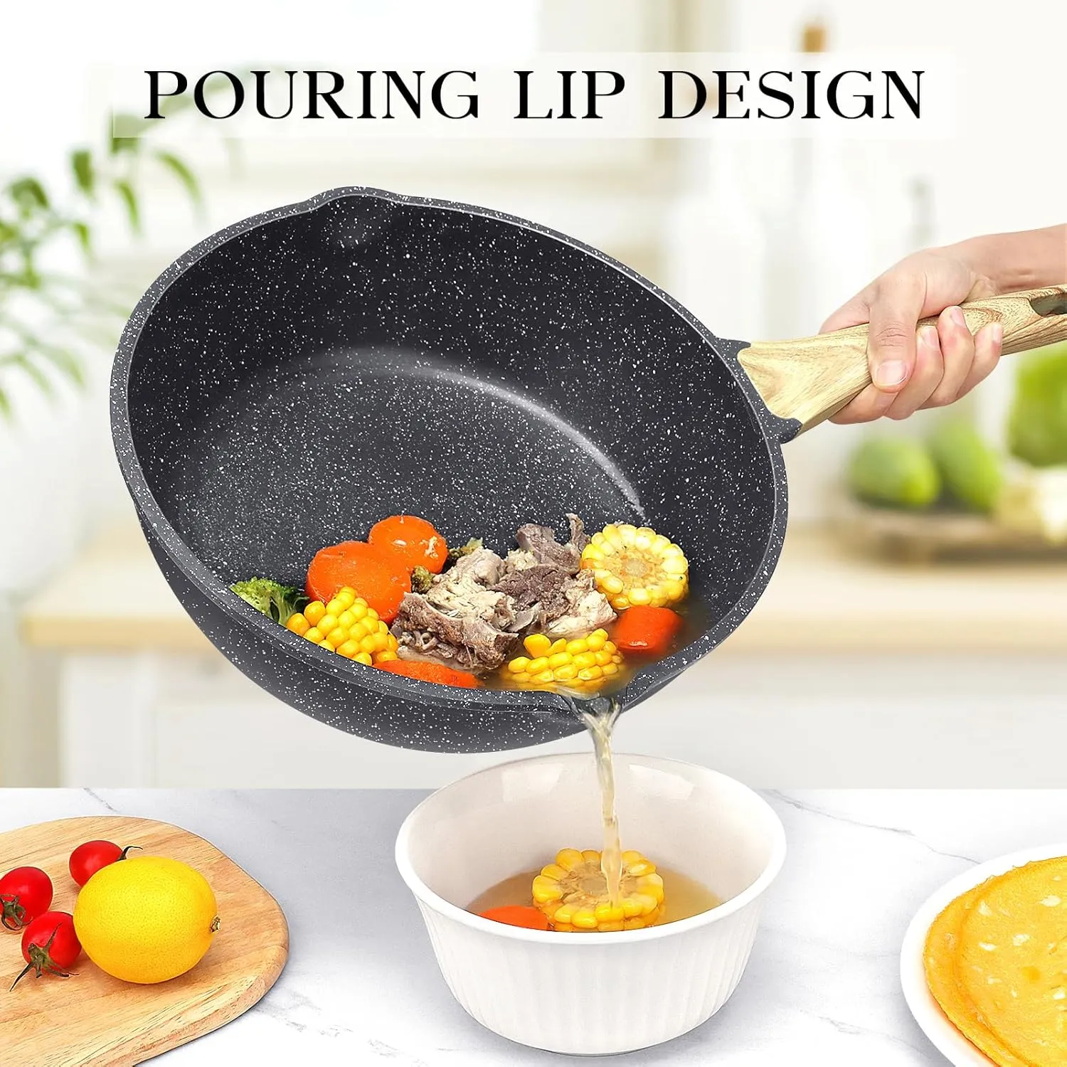 GiPP Nonstick Deep Frying Pan - 11 Inch Saute Pan with Lid Granite Induction Cookware, 4.5Qt Non Stick Woking Pan Skillet, PFOA PFOS APEO Free, Grey