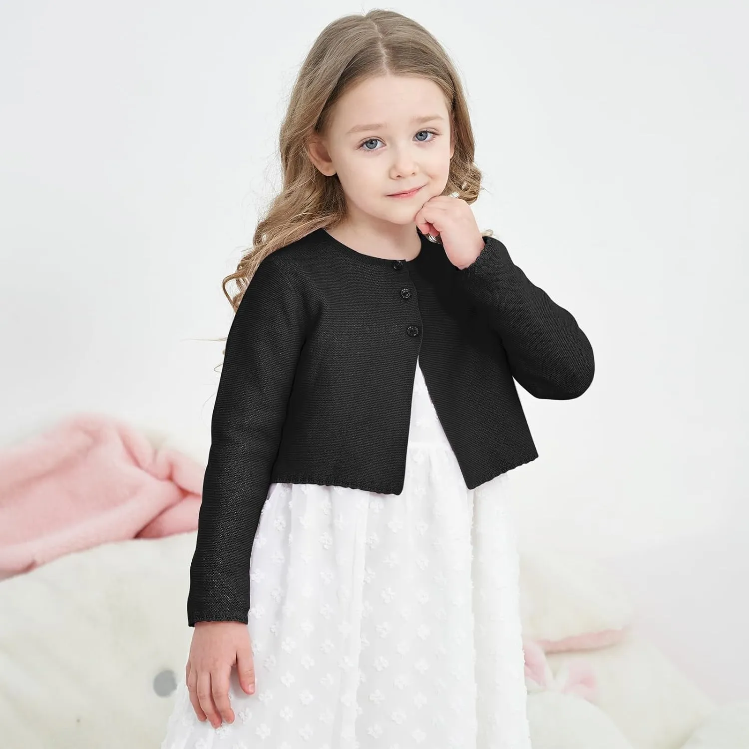 Girls' Long Sleeve Knitted Bolero Cardigan Kids Button Closure Shrug Sweaters Cropped Jacket Cover Up Tops