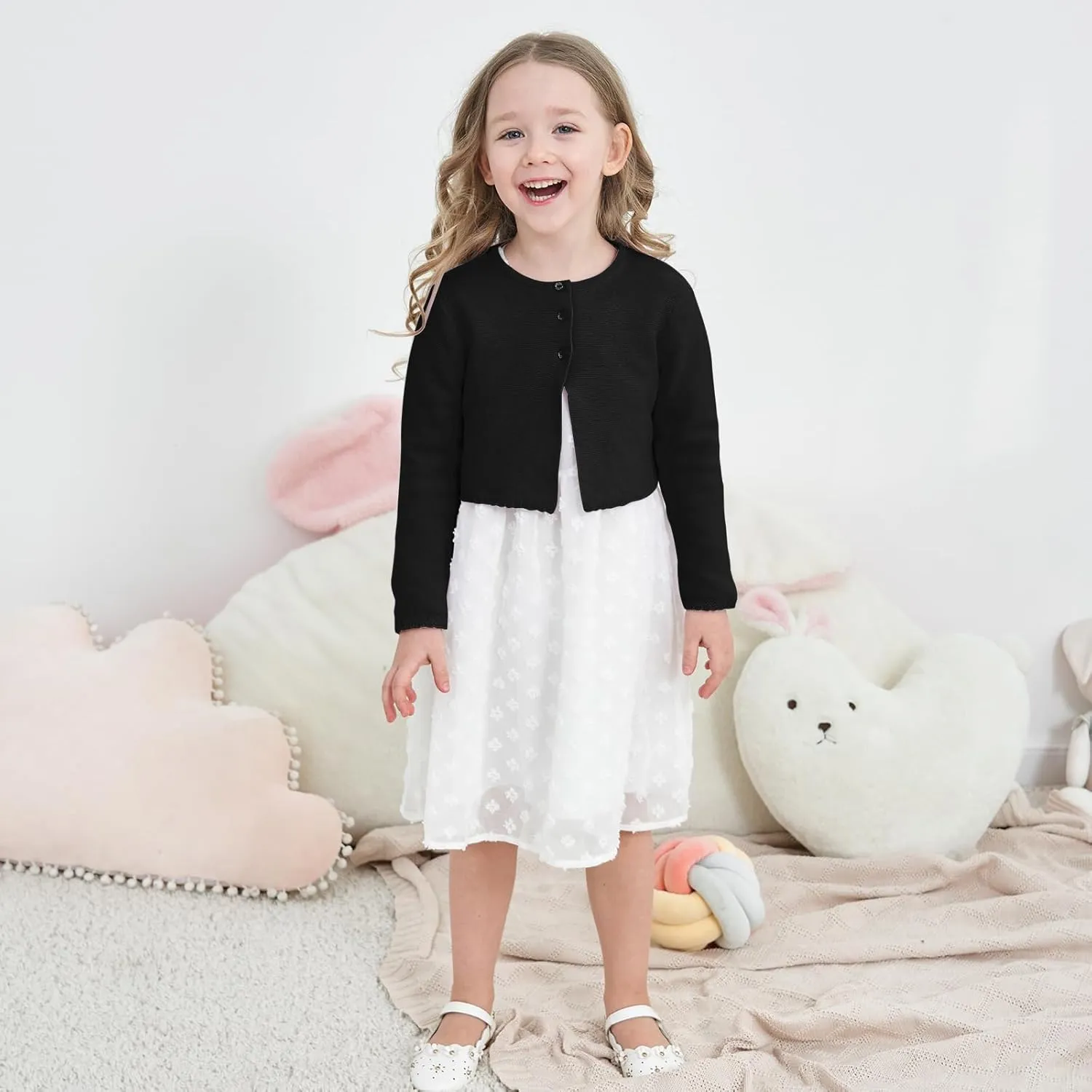 Girls' Long Sleeve Knitted Bolero Cardigan Kids Button Closure Shrug Sweaters Cropped Jacket Cover Up Tops