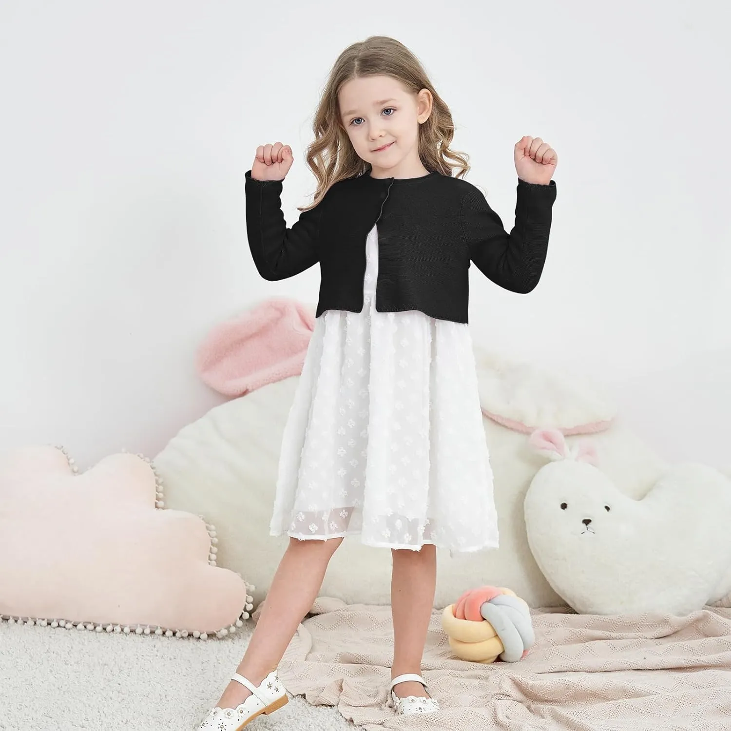 Girls' Long Sleeve Knitted Bolero Cardigan Kids Button Closure Shrug Sweaters Cropped Jacket Cover Up Tops