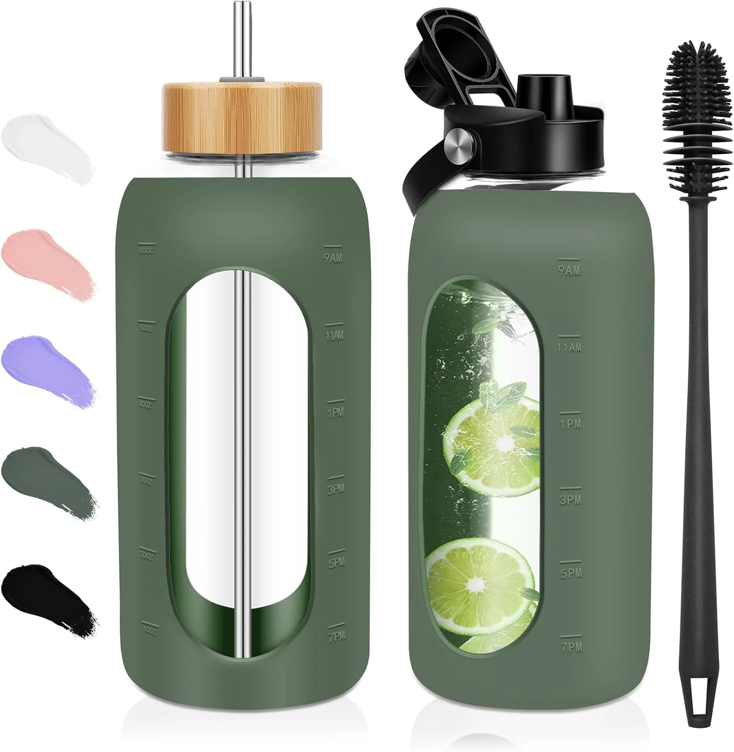Glass Water Bottles 64 oz - Half Gallon Large Motivational Daily Water Intake Bottle Time Marker - Glass Water Bottle With Straw, Silicone Sleeve 2 Lids, Handle Spout & Bamboo Lid(Olive)