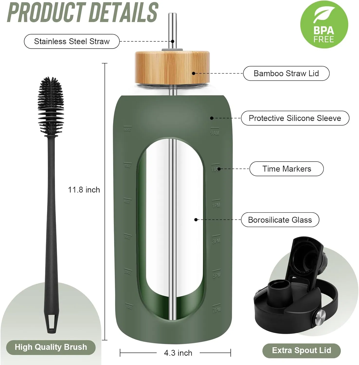 Glass Water Bottles 64 oz - Half Gallon Large Motivational Daily Water Intake Bottle Time Marker - Glass Water Bottle With Straw, Silicone Sleeve 2 Lids, Handle Spout & Bamboo Lid(Olive)