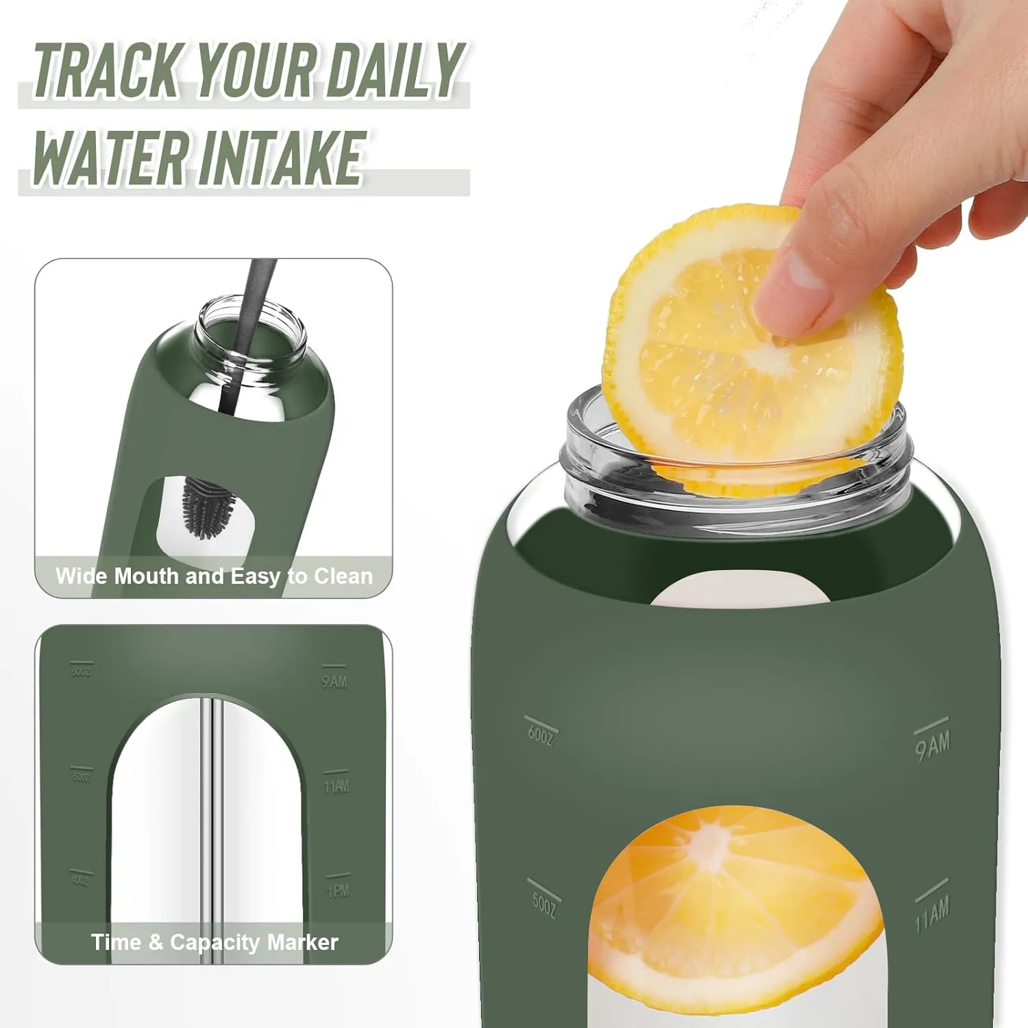 Glass Water Bottles 64 oz - Half Gallon Large Motivational Daily Water Intake Bottle Time Marker - Glass Water Bottle With Straw, Silicone Sleeve 2 Lids, Handle Spout & Bamboo Lid(Olive)