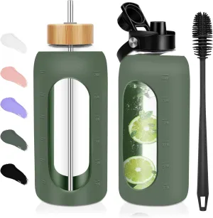 Glass Water Bottles 64 oz - Half Gallon Large Motivational Daily Water Intake Bottle Time Marker - Glass Water Bottle With Straw, Silicone Sleeve 2 Lids, Handle Spout & Bamboo Lid(Olive)