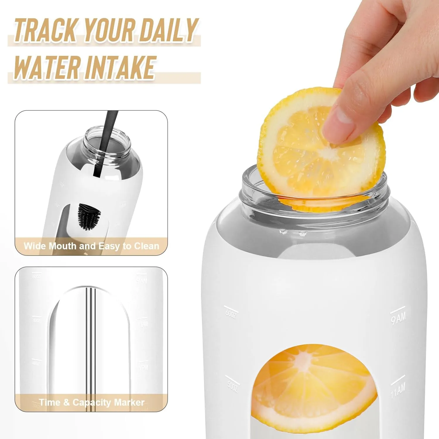 Glass Water Bottles 64 oz - Half Gallon Large Motivational Daily Water Intake Bottle Time Marker - Glass Water Bottle With Straw, Silicone Sleeve 2 Lids, Handle Spout & Bamboo Lid(White)