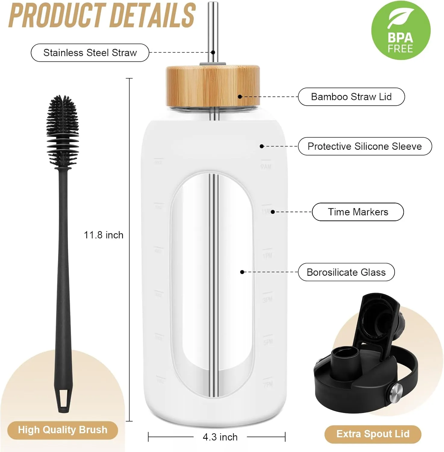 Glass Water Bottles 64 oz - Half Gallon Large Motivational Daily Water Intake Bottle Time Marker - Glass Water Bottle With Straw, Silicone Sleeve 2 Lids, Handle Spout & Bamboo Lid(White)