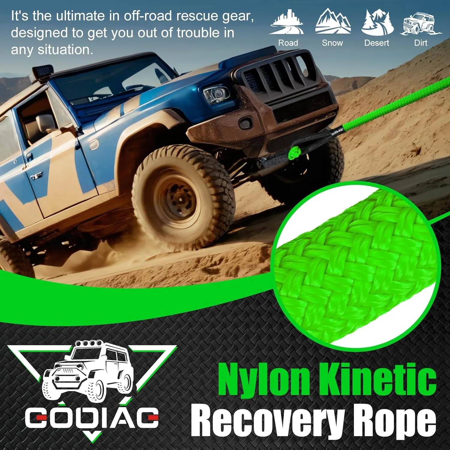GODIAG 1"×30ft Kinetic Recovery Tow Rope (46500lbs) Heavy Duty Energy Rope with 2 Soft Shackles, 30% Elasticity Offroad Power Strap for Truck Jeep Car ATV UTV Tractor
