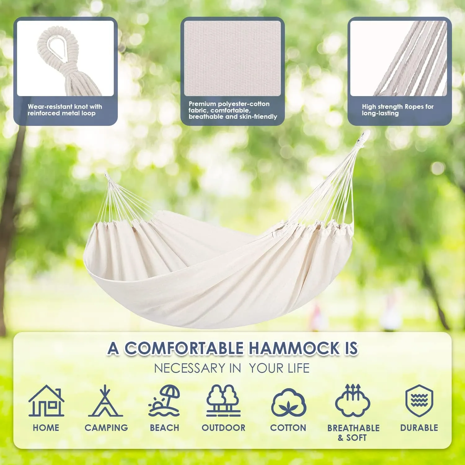 Gold Armour Brazilian Style Hammock with Tree Straps for Hanging, Portable Single Double Hammock for Camping, Outdoor, Indoor, Patio, Backyard (Beige White)