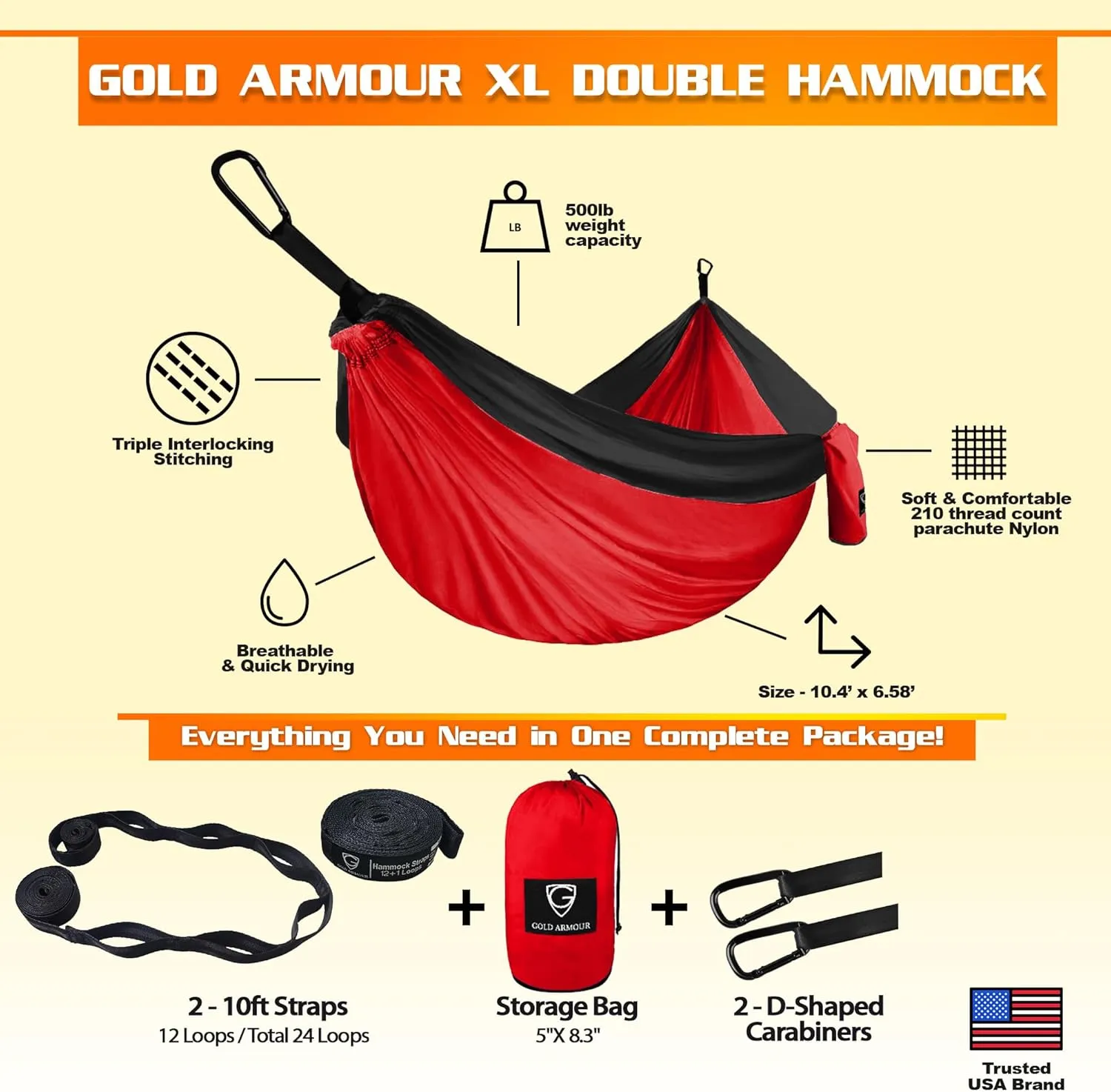 Gold Armour Camping Hammock - XL Double Hammock Portable Hammock Camping Accessories Gear for Outdoor Indoor with Tree Straps, USA Based Brand (Red and Black)