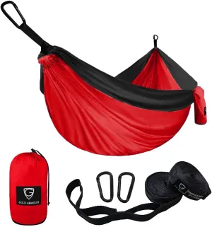 Gold Armour Camping Hammock - XL Double Hammock Portable Hammock Camping Accessories Gear for Outdoor Indoor with Tree Straps, USA Based Brand (Red and Black)