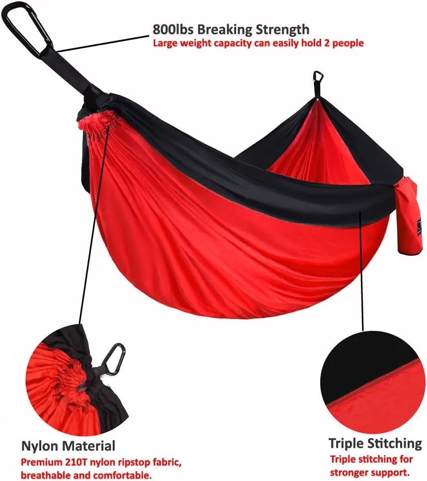 Gold Armour Camping Hammock - XL Double Hammock Portable Hammock Camping Accessories Gear for Outdoor Indoor with Tree Straps, USA Based Brand (Red and Black)