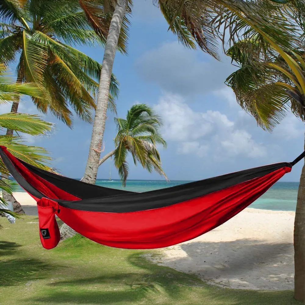 Gold Armour Camping Hammock - XL Double Hammock Portable Hammock Camping Accessories Gear for Outdoor Indoor with Tree Straps, USA Based Brand (Red and Black)