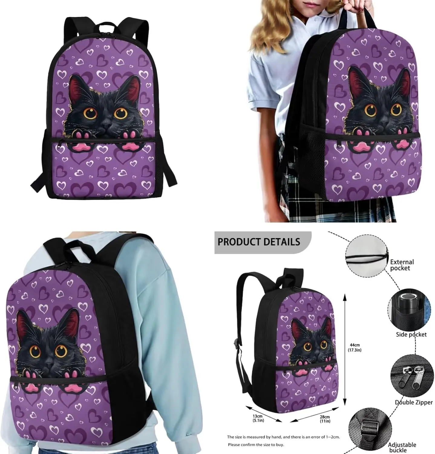 Gomyblomy Cat Backpack for Girls Purple Backpack for School Teens Girls 12-14 with Lunch Box 4 in1 Set Kids Bookbag for Elementary Middle School Large Capacity Travel Daypack Rucksack