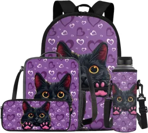 Gomyblomy Cat Backpack for Girls Purple Backpack for School Teens Girls 12-14 with Lunch Box 4 in1 Set Kids Bookbag for Elementary Middle School Large Capacity Travel Daypack Rucksack
