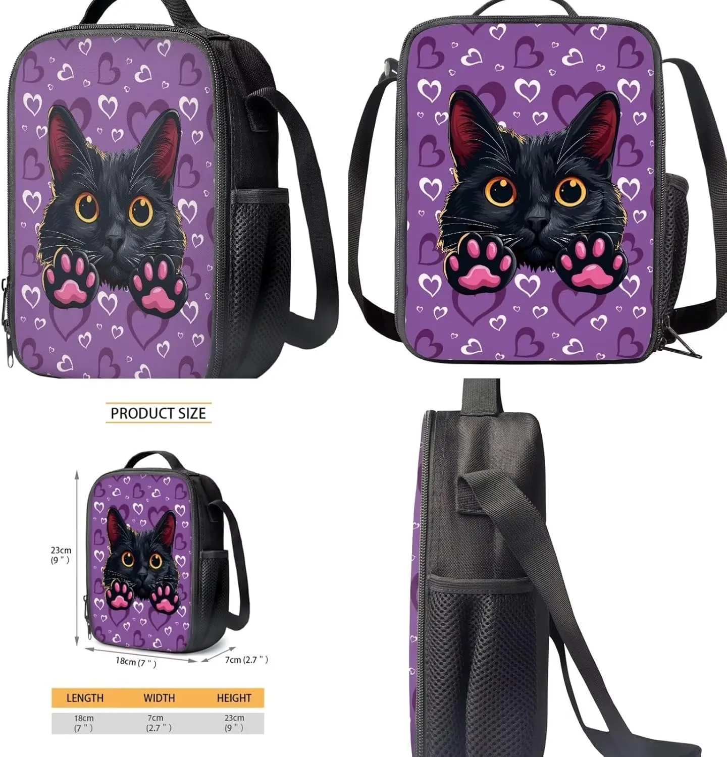 Gomyblomy Cat Backpack for Girls Purple Backpack for School Teens Girls 12-14 with Lunch Box 4 in1 Set Kids Bookbag for Elementary Middle School Large Capacity Travel Daypack Rucksack