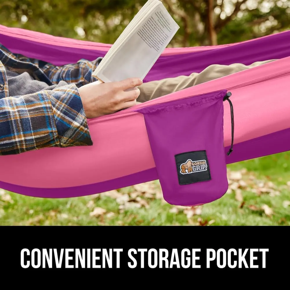 GORILLA GRIP Durable Portable Camping Hammock, Holds 500lbs with Heavy Duty Tree Straps, Comfortable Travel Swing, Camp Hammocks, Easy to Use and Install, Outdoor Essentials, Purple, 10x6.5 FT