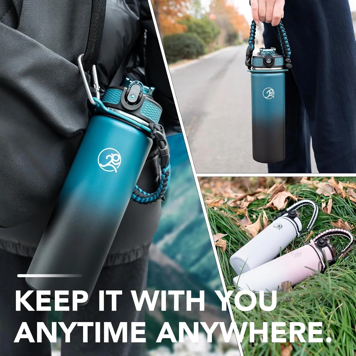 GOSWAG Insulated Sports Water Bottle, 24oz 2 Lids(with Straw/No Straw), Stainless Steel Water Bottles with Paracord Handle, Insulated Thermos with Double-Wall Vacuum Insulation Visit the Store