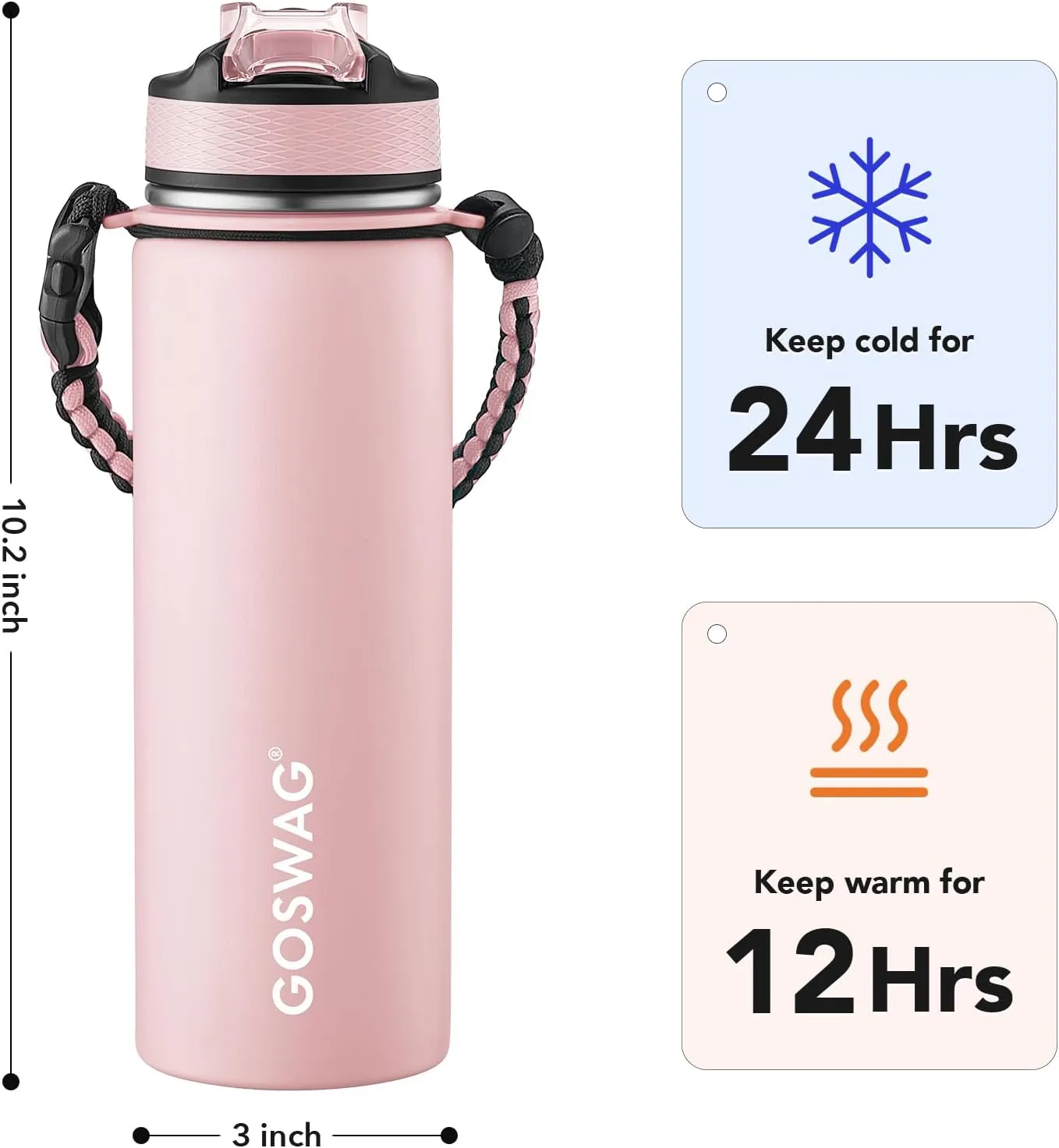 GOSWAG Insulated Sports Water Bottle, 24oz 2 Lids(with Straw/No Straw), Stainless Steel Water Bottles with Paracord Handle, Insulated Thermos with Double-Wall Vacuum Insulation Visit the Store