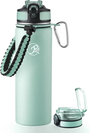 GOSWAG Insulated Sports Water Bottle, 24oz 2 Lids(with Straw/No Straw), Stainless Steel Water Bottles with Paracord Handle, Insulated Thermos with Double-Wall Vacuum Insulation