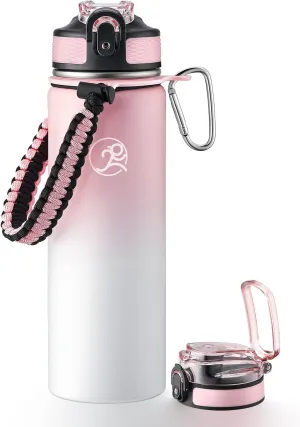 GOSWAG Insulated Sports Water Bottle, 24oz 2 Lids(with Straw/No Straw), Stainless Steel Water Bottles with Paracord Handle, Insulated Thermos with Double-Wall Vacuum Insulation