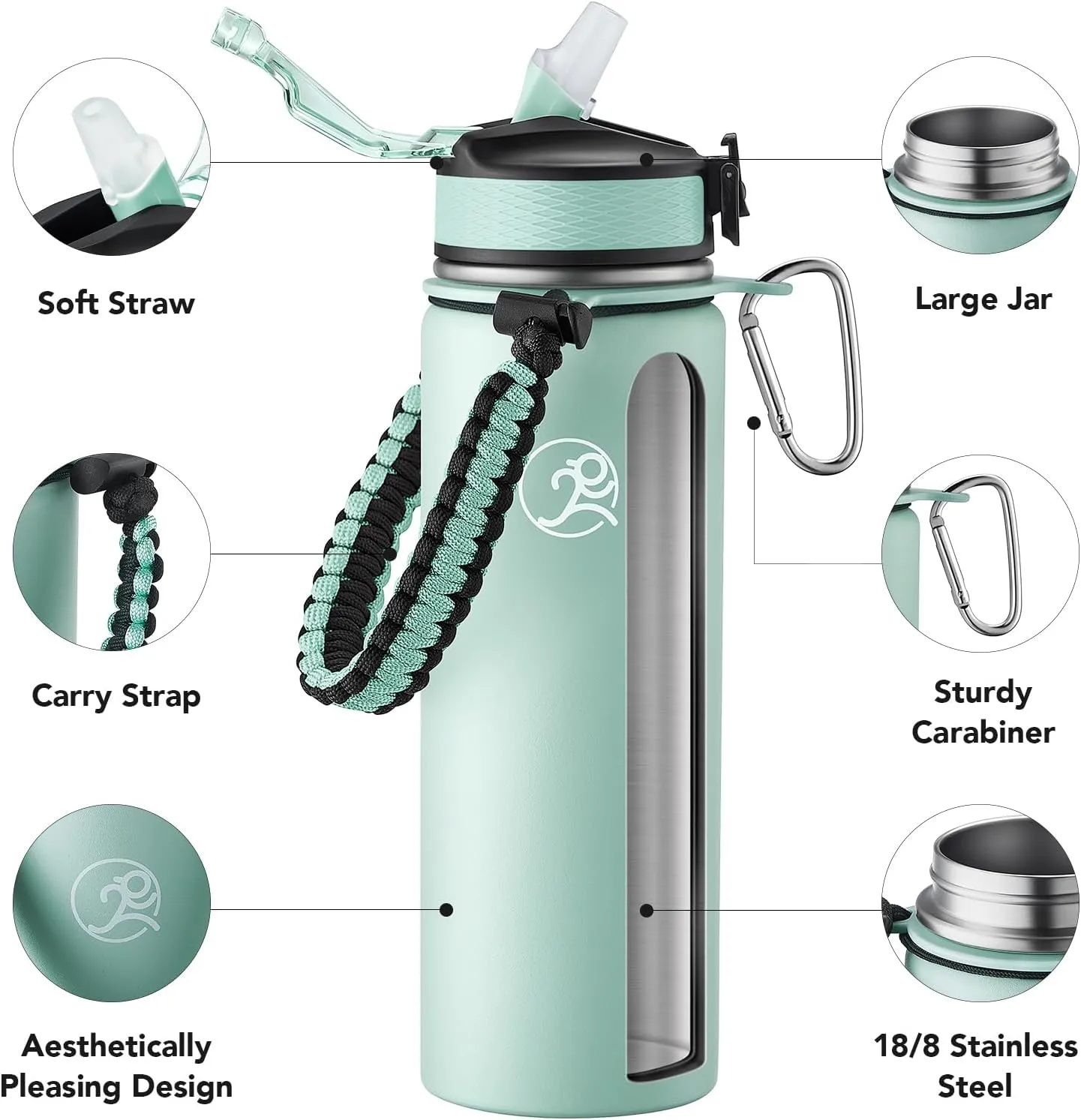 GOSWAG Insulated Sports Water Bottle, 24oz 2 Lids(with Straw/No Straw), Stainless Steel Water Bottles with Paracord Handle, Insulated Thermos with Double-Wall Vacuum Insulation