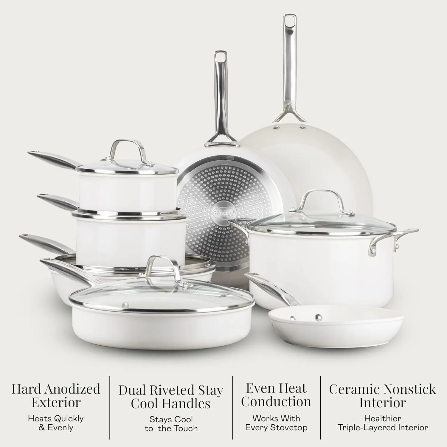 GOTHAM STEEL PRO 13 Pc Ceramic Cookware Set Nonstick, Pots and Pans Set Non Stick for Kitchen, Hard Anodized Induction Cookware, Non Toxic Made Without PFOA PFOS, Oven & Dishwasher Safe, Cream White