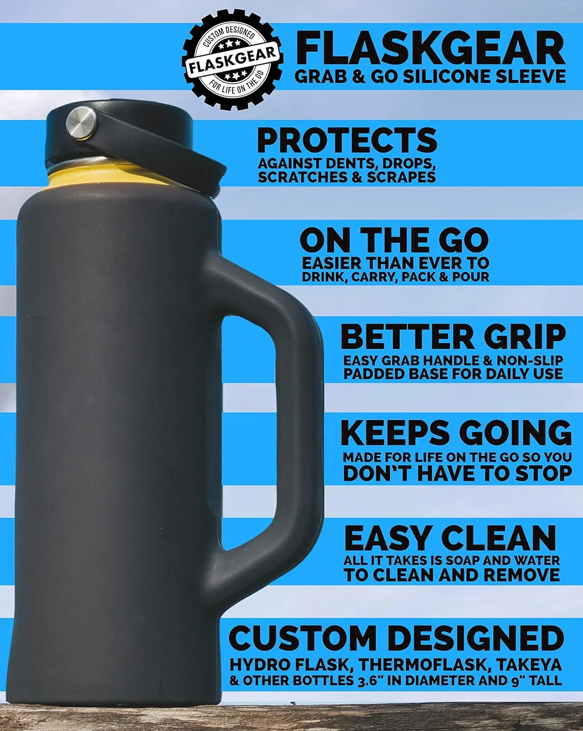 Grab & Go Handle Silicone Sleeve Cover Compatible with Hydro Flask, ThermoFlask, Takeya, Simple Modern & Other 40oz Insulated Water Bottles (Dark Grey, 40oz)