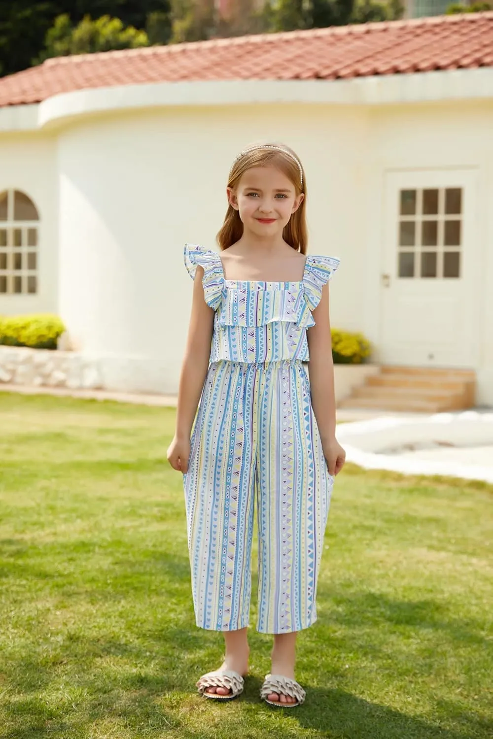 GRACE KARIN Girls Floral Jumpsuit Flutter Sleeve Square Neck Wide Leg Rompers