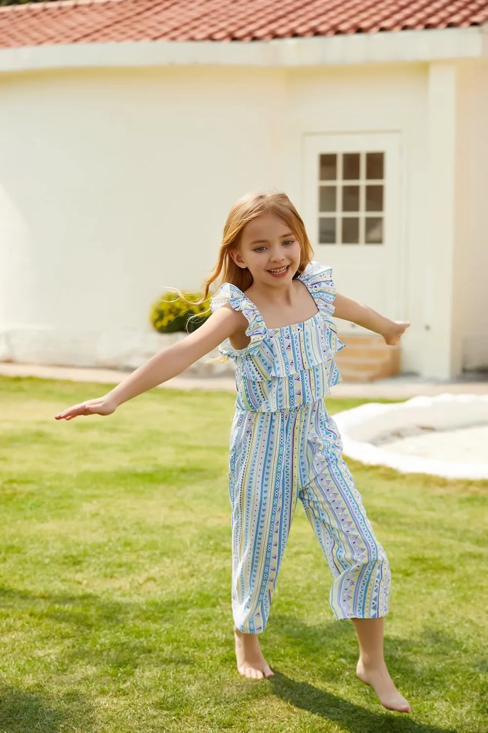 GRACE KARIN Girls Floral Jumpsuit Flutter Sleeve Square Neck Wide Leg Rompers