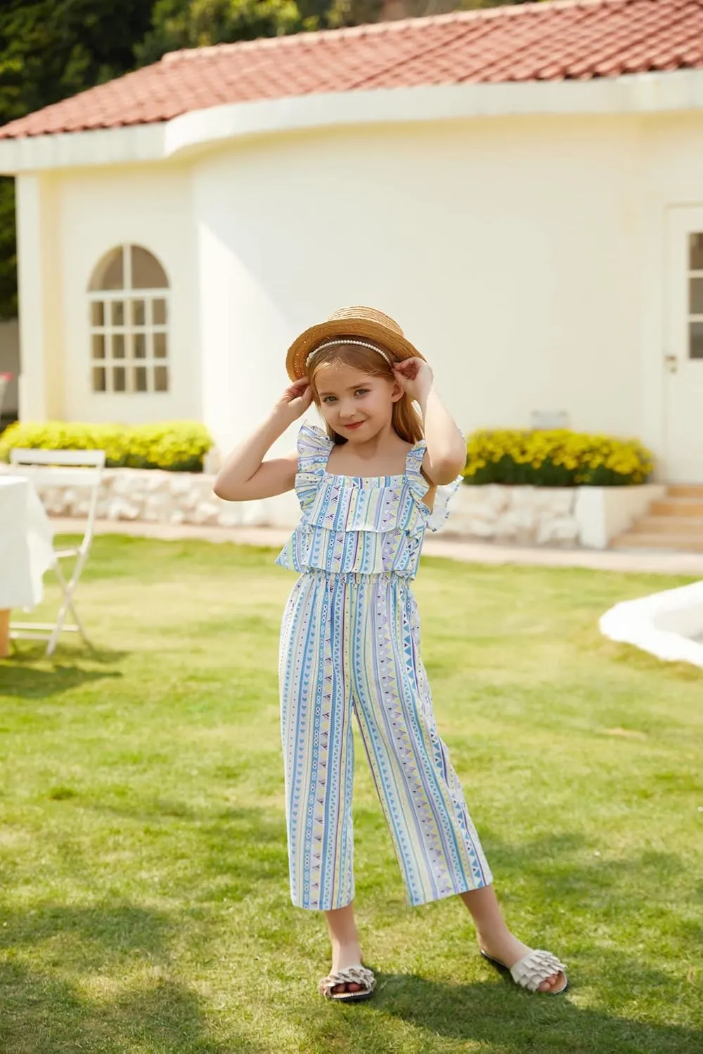 GRACE KARIN Girls Floral Jumpsuit Flutter Sleeve Square Neck Wide Leg Rompers