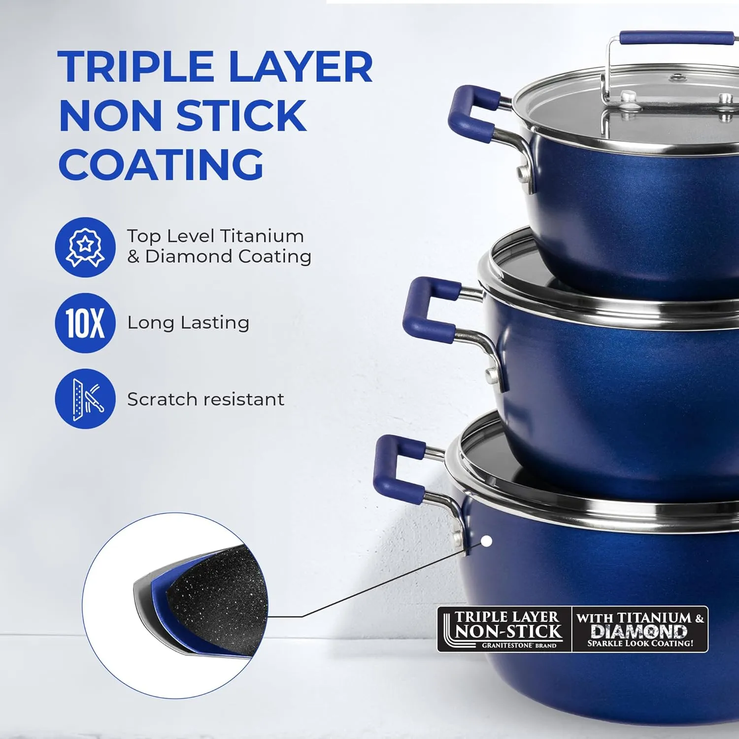 Granitestone Blue Pots and Pans Set Nonstick, 6 Stackable Piece Cooking Pots Set, Kitchen Pots, Non Stick Coating, 5qt 3qt & 1.5qt Pots with Lids, Stay Cool Handles Dishwasher Safe 100% Toxin Free