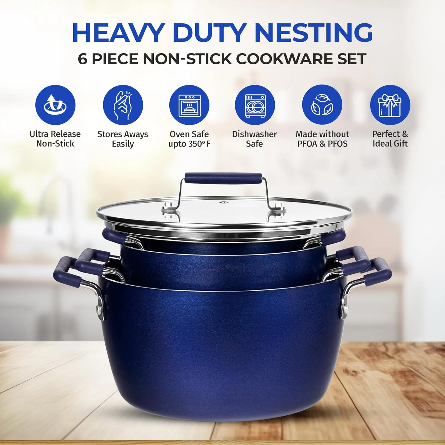 Granitestone Blue Pots and Pans Set Nonstick, 6 Stackable Piece Cooking Pots Set, Kitchen Pots, Non Stick Coating, 5qt 3qt & 1.5qt Pots with Lids, Stay Cool Handles Dishwasher Safe 100% Toxin Free
