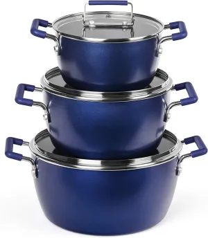 Granitestone Blue Pots and Pans Set Nonstick, 6 Stackable Piece Cooking Pots Set, Kitchen Pots, Non Stick Coating, 5qt 3qt & 1.5qt Pots with Lids, Stay Cool Handles Dishwasher Safe 100% Toxin Free