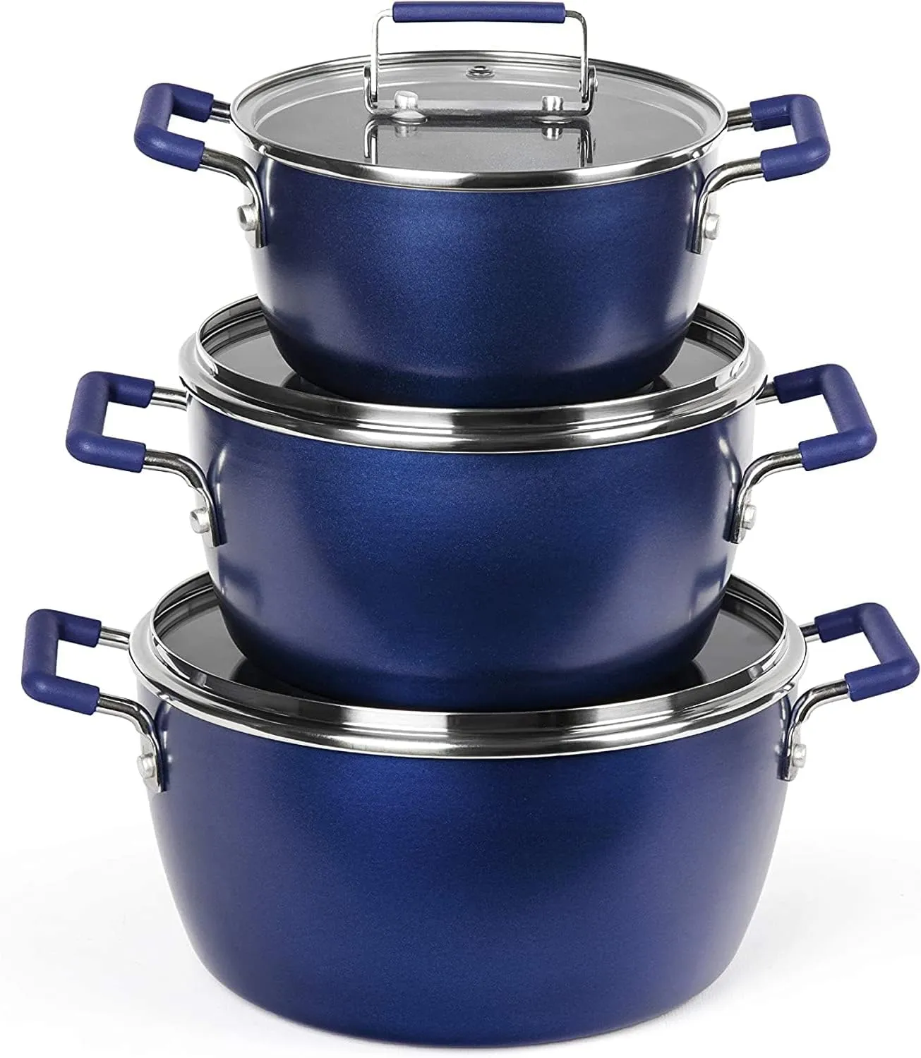 Granitestone Blue Pots and Pans Set Nonstick, 6 Stackable Piece Cooking Pots Set, Kitchen Pots, Non Stick Coating, 5qt 3qt & 1.5qt Pots with Lids, Stay Cool Handles Dishwasher Safe 100% Toxin Free