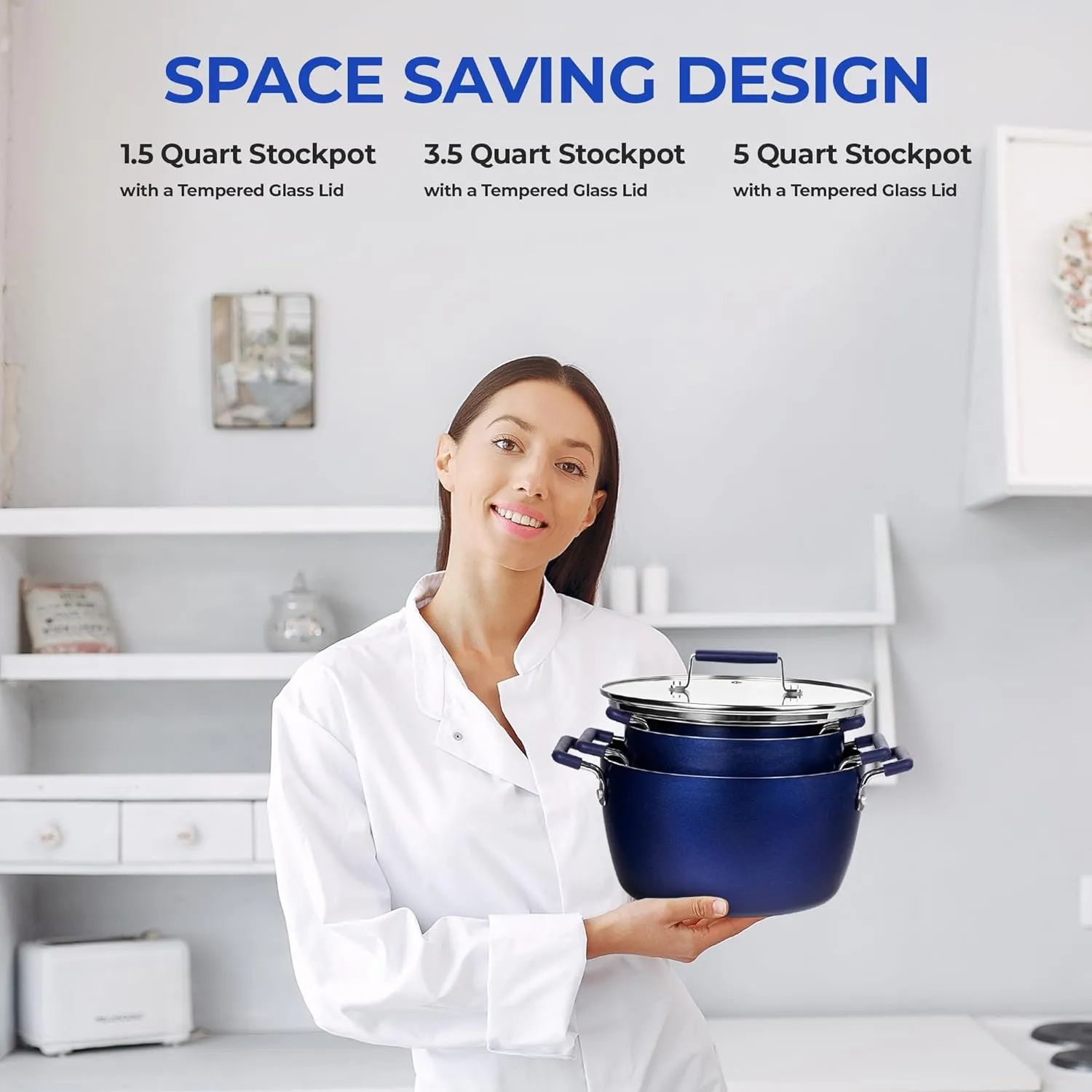 Granitestone Blue Pots and Pans Set Nonstick, 6 Stackable Piece Cooking Pots Set, Kitchen Pots, Non Stick Coating, 5qt 3qt & 1.5qt Pots with Lids, Stay Cool Handles Dishwasher Safe 100% Toxin Free