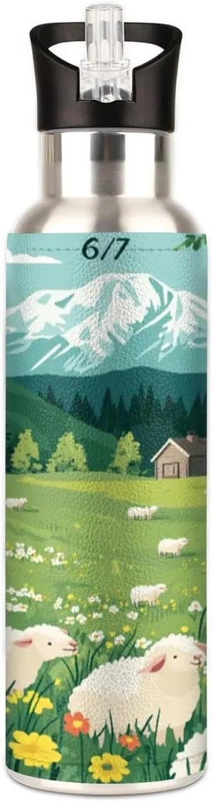 Grass Sheep Vacuum Insulated Water Bottle Plateau Animals Reusable Insulated Cups Leakproof Flip Straw Sports Bottles Thermos for Gym Outdoor Camping Travel 20 Oz