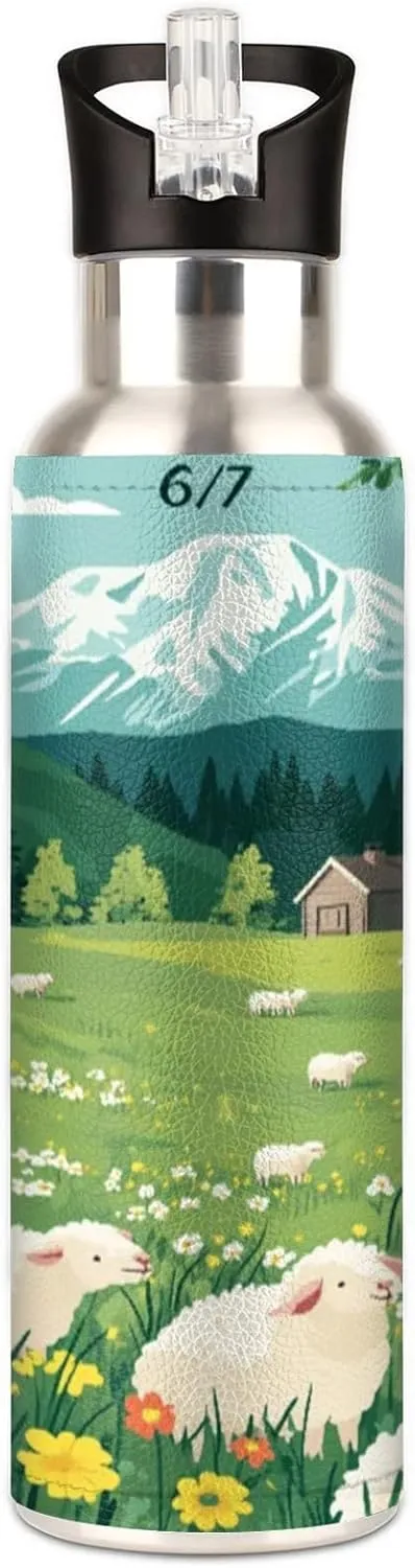 Grass Sheep Vacuum Insulated Water Bottle Plateau Animals Reusable Insulated Cups Leakproof Flip Straw Sports Bottles Thermos for Gym Outdoor Camping Travel 20 Oz